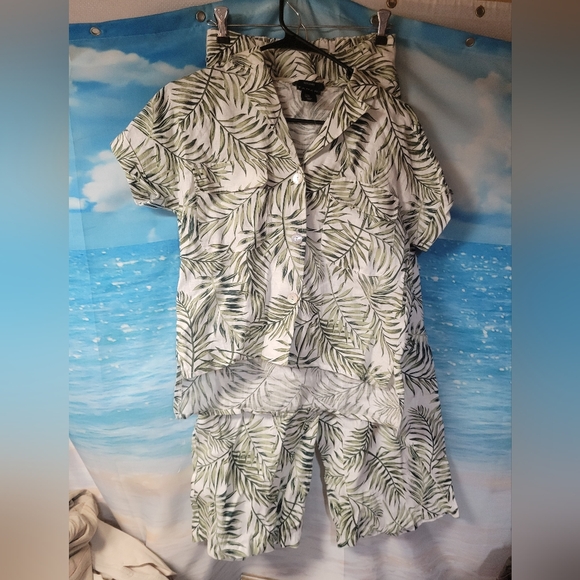 Tahari NWT 2pc Tropical Leaf Print Linen Shirt‎ and Pants Set Size XS - Picture 1 of 5